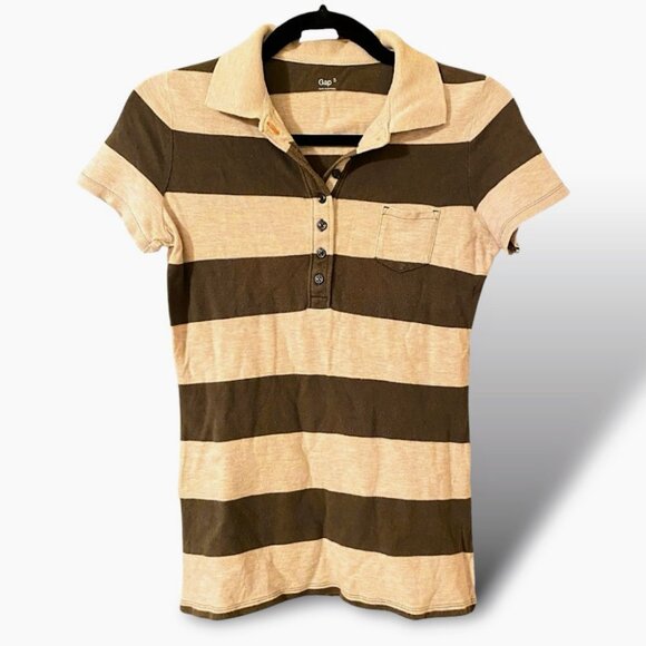 GAP Y2K Polo Shirt Womans S Green Tan Striped Classic Cap Sleeve Slim Fit EUC - Picture 1 of 5